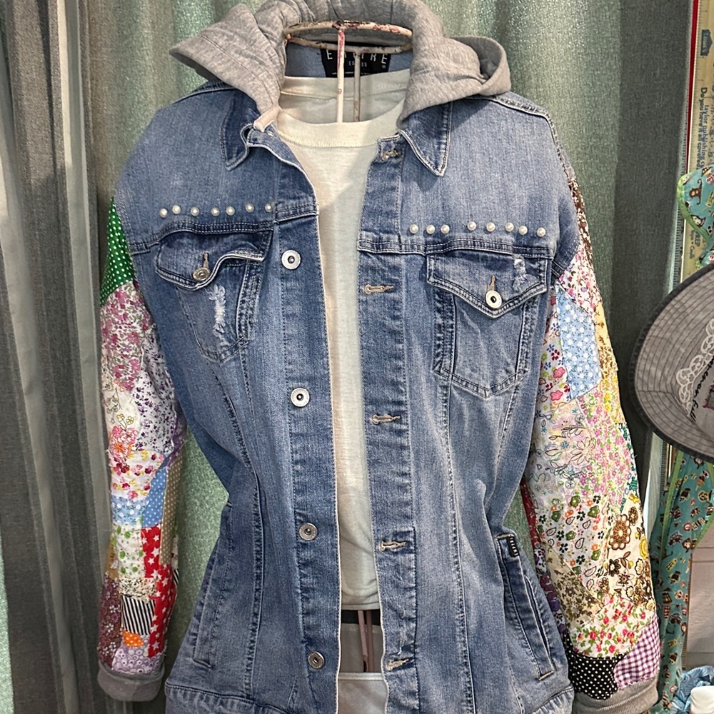 Empyre Blue Denim/hooded Jacket, embellished with patchwork quilted sleeves.
